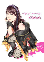  1girl absurdres aida_rikako birthday brown_eyes brown_hair character_name commentary english_text fishnet_thighhighs fishnets happy_birthday highres long_hair looking_at_viewer on_one_knee real_life signature smile solo thigh-highs voice_actor white_background yousolo 