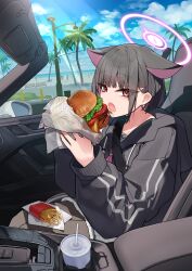  1girl absurdres animal_ears atsuko_(blue_archive) atsuko_(swimsuit)_(blue_archive) beach black_hair black_hoodie blue_archive burger cameo car cat_ears cat_girl colored_inner_animal_ears colored_inner_hair commentary_request convertible cup day disposable_cup drinking_straw extra_ears fast_food food french_fries hair_ornament hairclip halo highres hiyori_(blue_archive) hiyori_(swimsuit)_(blue_archive) holding holding_burger holding_food hood hood_down hoodie kazusa_(blue_archive) long_sleeves looking_at_viewer misaki_(blue_archive) misaki_(swimsuit)_(blue_archive) motor_vehicle multicolored_hair outdoors palm_tree people pink_hair pink_halo red_eyes saori_(blue_archive) saori_(swimsuit)_(blue_archive) short_hair shumai_il solo_focus tree two-tone_hair 