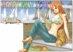  1girl arm_support bare_arms bare_shoulders bikini_top bracelet breasts bunny cleavage crossed_legs earrings english feet jeans jewelry large_breasts legs_crossed long_hair midriff nami navel new_year no_socks one_piece open_mouth open_shoes orange_hair rabbit sandals sitting suyu38 tattoo 