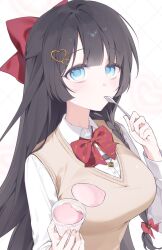  1girl black_hair blue_eyes bow bowtie breasts brown_sweater_vest collared_shirt commentary_request cup diagonal-striped_bow diagonal-striped_bowtie diagonal-striped_clothes eating expressionless hair_bow hair_ornament hands_up heart heart_hair_ornament highres holding holding_cup holding_spoon korean_commentary large_bow large_breasts long_hair looking_at_viewer myata_ne red_bow red_bowtie school_uniform shirayuki_hina shirt simple_background solo spoon stellive straight_hair striped_bow striped_bowtie striped_clothes sweater_vest upper_body v-neck virtual_youtuber white_background white_shirt yogurt 