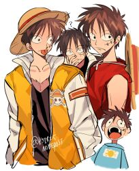  1boy ? alternate_costume black_hair closed_mouth collarbone hat hat_on_back highres jacket jolly_roger ki2ri5 male_focus monkey_d._luffy multiple_views one_piece open_clothes open_jacket open_mouth red_vest scar scar_on_cheek scar_on_chest scar_on_face short_hair straw_hat straw_hats_jolly_roger tongue tongue_out twitter_username upper_body vest white_background yellow_jacket 