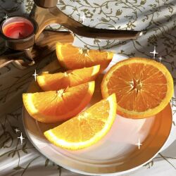  commentary english_commentary fine_9725 food food_focus fruit no_humans orange_(fruit) orange_slice original photorealistic plate realistic sparkle still_life tagme 