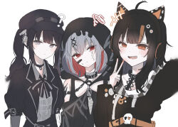  3girls ? ahoge animal_ear_headphones animal_ears arm_belt arm_tattoo bandaged_arm bandages bandaid bandaid_on_face bare_shoulders belt belt_collar black_choker black_coat black_dress black_hair black_hat black_hood black_nails black_ribbon black_sweater black_tank_top cat_ear_headphones cat_ears chest_sarashi choker closed_mouth coat collar collared_dress colored_inner_hair commentary_request crossed_bangs cuffs dress eyeball_hair_ornament fake_animal_ears goggles goggles_on_headwear grey_eyes grey_hair hair_between_eyes hair_ornament hat headphones highres kasai_(ksichan_25) kurobe_nanoka long_hair long_sleeves looking_at_viewer mahou_shoujo_no_majo_saiban multicolored_hair multiple_girls nail_polish neck_ribbon off-shoulder_sweater off_shoulder open_mouth orange_eyes orange_nails orange_streaks plaid_clothes plaid_dress red_eyes red_hair ribbon sarashi sawatari_coco selfie shackles sharp_teeth shirt shito_alisa short_hair simple_background single_bare_shoulder skull slit_pupils smile squiggle stitched_face stitches streaked_hair sweater tank_top tattoo teeth twintails upper_body upper_teeth_only v white_background white_shirt x_hair_ornament 