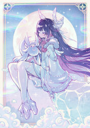  1girl black_hair closed_eyes closed_mouth coat colored_inner_hair columbina_(genshin_impact) commentary_request full_moon fur-trimmed_coat fur_trim genshin_impact hair_ornament highres long_hair luonnotar_(genshin_impact) moon multicolored_hair parororo red_hair sitting solo thigh-highs very_long_hair white_coat white_thighhighs 