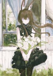  1girl amiya_(arknights) animal_ear_fluff animal_ears arknights black_dress blue_eyes bouquet breasts brown_hair closed_mouth collared_dress commentary_request dot_nose dress feet_out_of_frame floating_hair flower frilled_dress frills gumiaoandpeace hair_between_eyes highres holding holding_bouquet long_hair long_sidelocks looking_at_viewer medium_breasts outdoors pantyhose rabbit_ears sidelocks sleeveless sleeveless_dress solo straight-on thigh_strap v_arms white_flower window 