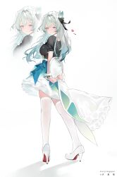  1girl absurdres apron arms_behind_back black_dress blush breasts commentary_request dress firefly_(honkai:_star_rail) frilled_apron frills full_body gradient_hair green_hair grey_hair hair_between_eyes heart high_heels highres holding holding_tray honkai:_star_rail honkai_(series) large_breasts long_hair looking_at_viewer looking_back maid maid_apron multicolored_hair pantyhose pink_eyes short_sleeves simple_background smile thigh-highs tray white_apron white_background white_pantyhose white_thighhighs xiyingque 