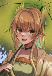  1girl :d arknights black_choker blonde_hair choker commentary elf eyes_visible_through_hair futaba159565 hair_between_eyes hair_intakes hair_ornament highres holding holding_umbrella light_blush long_hair looking_at_viewer muelsyse_(arknights) one-hour_drawing_challenge open_mouth pointy_ears portrait sketch smile solo teeth umbrella untranslatable_commentary upper_teeth_only 