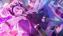  1girl :d ahoge beret black_hat black_horns black_skirt black_thighhighs braid braided_bangs cape demon_horns double-parted_bangs dutch_angle flat_chest fur-trimmed_cape fur_trim game_asset garter_straps grey_hair hand_on_own_hip hat highres hololive hololive_dreams horns indoors la+_darknesss la+_darknesss_(commanding_genius) long_hair long_sleeves miniskirt multicolored_hair necktie non-web_source official_alternate_costume official_art open_mouth outstretched_arm pointy_ears purple_cape purple_necktie purple_streaks self-datamine shirt shirt_tucked_in short_necktie single_hair_streak skirt sleeves_past_fingers sleeves_past_wrists slit_pupils smile solo streaked_hair striped_horns suspender_skirt suspenders tail teeth thigh-highs upper_teeth_only very_long_hair virtual_youtuber white_shirt yellow_eyes 