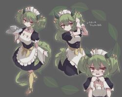  1girl absurdres adjusting_hair apron black_dress blush collar commentary_request cup detached_collar dragon_girl dragon_horns dragon_tail dragon_wings dress green_eyes green_hair highres holding holding_tray horns kanzakietc looking_at_viewer maid maid_apron maid_headdress medium_hair parlor_dragonmaid solo tail teacup tray two_side_up white_apron white_collar white_headdress white_wrist_cuffs wings wrist_cuffs yu-gi-oh! 