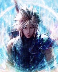  1boy absurdres armor blonde_hair blue_eyes bruise bruise_on_face buster_sword closed_mouth cloud_strife english_commentary final_fantasy final_fantasy_vii final_fantasy_vii_remake hair_between_eyes highres injury light_particles lips male_focus ribbed_sweater short_hair shoulder_armor single_bare_shoulder sleeveless sleeveless_sweater sleeveless_turtleneck solo spiky_hair suspenders sweater sword sword_on_back turtleneck turtleneck_sweater tylor_hepner upper_body weapon weapon_on_back 