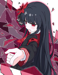  1girl absurdres armband black_capelet black_hair black_shirt broken_glass capelet collared_shirt commentary_request flower glass glass_shard hair_flower hair_ornament highres lee0fld long_hair long_sleeves mahou_shoujo_no_majo_saiban necktie nikaido_hiro open_mouth pointing red_armband red_eyes red_flower red_necktie shirt side_capelet solo stained_glass white_shirt 