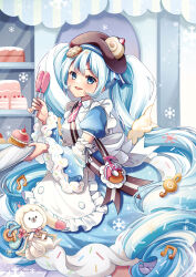  1girl absurdres animal apron aqua_eyes aqua_hair asymmetrical_legwear blue_bow blue_dress blue_eyes blue_hair blue_sleeves blush bow bowtie bread brown_hat cae_yuki commentary dessert detached_sleeves double-parted_bangs dress dress_bow english_commentary food food-themed_clothes food-themed_hat_ornament frilled_apron frills fur-trimmed_dress fur-trimmed_sleeves fur_trim hair_between_eyes hair_ornament hat hat_ornament hatsune_miku heart highres holding holding_tongs holding_tray key long_hair long_sleeves looking_at_viewer necktie official_alternate_costume official_alternate_hairstyle open_mouth outdoors outline pantyhose pink_necktie pink_pantyhose puffy_short_sleeves puffy_sleeves rabbit rabbit_yukine short_sleeves smile snowflake_print snowman tongs tray twintails two-tone_sleeves very_long_hair vocaloid wavy_hair white_apron white_rabbit_(animal) wide_sleeves yuki_miku yuki_miku_(2026) 