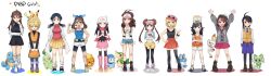  6+girls ahoge blonde_hair blue_hair braid brown_hair chikorita froakie gloria_(pokemon) green_(pokemon) highres hikari_(pokemon) hilda_(pokemon) kris_(pokemon) may_(pokemon) multiple_girls nottsukkomia pikachu piplup pokemon pokemon_(creature) pokemon_adventures rosa_(pokemon) rowlet scarlet_koito scorbunny selene_(pokemon) serena_(pokemon) shadow simple_background single_braid snivy sprigatito squirtle torchic twintails white_background yellow_(pokemon) 