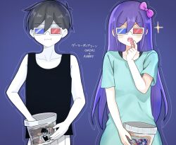  1boy 1girl 3d_glasses antenna_hair aubrey_(headspace)_(omori) aubrey_(omori) black_tank_top blue_shirt bow character_name closed_mouth collarbone colored_skin commentary double-parted_bangs eating hair_between_eyes hair_bow long_shirt omori omori_(omori) open_mouth pink_bow purple_hair ryo_pen17 shirt short_sleeves shorts sidelocks striped_clothes striped_shorts t-shirt tank_top teeth translation_request untranslatable_commentary upper_teeth_only vertical-striped_clothes vertical-striped_shorts white_shorts white_skin 