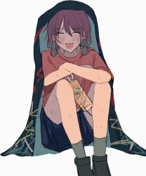  1girl blue_nails blue_shorts closed_eyes commentary girls_band_cry grcr_pometa1118 highres improvised_umbrella iseri_nina kuuhaku_to_catharsis low_twintails nail_polish one-hour_drawing_challenge open_mouth red_shirt shirt short_sleeves short_twintails shorts simple_background smile solo sweat twintails white_background 