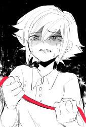  1boy aged_down alternate_costume basil_(faraway)_(omori) basil_(omori) clenched_teeth collared_shirt commentary_request crying crying_with_eyes_open double-parted_bangs greyscale hair_between_eyes highres monochrome omori open_mouth shirt short_hair short_sleeves sidelocks sk816 sketch solo spoilers spot_color tears teeth 