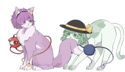  animal animal_ear_fluff animal_focus animal_with_hair animalization biting biting_another's_tail black_hairband black_hat bow cat closed_mouth commentary_request disembodied_linked_eye eye_contact eyeball green_eyes green_fur green_hair hairband hat hat_bow highres komeiji_koishi komeiji_satori looking_at_another no_humans pink_eyes pink_fur pink_hair siblings simple_background sisters tail tktkhappymchyru touhou white_background yellow_bow 