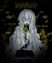  1girl absurdres black_shirt black_skirt black_thighhighs cardigan charlotte_wiltshire collared_shirt commentary disembodied_eye english_text eye_background hair_between_eyes hello_charlotte highres ink ink_on_clothes ink_on_face long_hair long_sleeves looking_at_viewer messy_hair neck_ribbon nullmms open_mouth pleated_skirt ribbon saliva scared shirt skirt thigh-highs very_long_hair white_cardigan white_hair wide-eyed yellow_eyes yellow_ribbon 