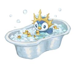  artist_name bath bathing bathtub blue_eyes closed_mouth commentary_request crown fuyu_(utngrtn) in_bathtub no_humans partially_submerged piplup pokemon pokemon_(creature) pokemon_focus rubber_duck simple_background smile soap_bubbles solo twitter_username water watermark white_background 