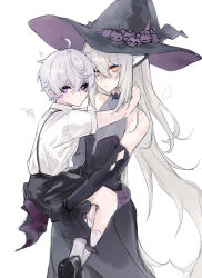  1boy 1girl add_(elsword) age_difference aged_down ahoge arms_around_neck black_dress black_gloves black_sclera black_shoes black_shorts carrying carrying_person colored_sclera dress elsword eve_(elsword) expressionless gloves hair_between_eyes hat highres long_dress long_hair messy_hair mismatched_sclera narokoko no_pupils onee-shota pointy_ears shirt shoes shorts simple_background sleeveless sleeveless_dress suspenders very_long_hair violet_eyes white_hair white_shirt witch_hat yellow_eyes 