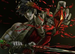  1boy black_hair black_sclera blood colored_sclera gem ginkado green_eyes hades_(series) heterochromia holding holding_sword holding_weapon looking_at_viewer mismatched_sclera red_eyes red_gem short_hair solo sword upper_body weapon zagreus_(hades) 