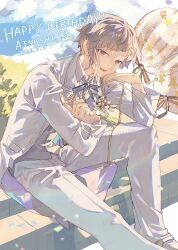  1boy artist_name balloon blue_sky bungou_stray_dogs clouds cloudy_sky commentary_request dated dress_shirt grey_ribbon grey_vest happy_birthday highres holding holding_balloon jacket light_blush looking_at_viewer male_focus nakajima_atsushi_(bungou_stray_dogs) neck_ribbon open_clothes open_jacket open_mouth pants ribbon shirt short_hair single_sidelock sitting sky solo suit totomuraakat vest waistcoat white_hair white_jacket white_pants white_shirt white_suit 