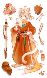  1boy 1girl :< absurdly_long_hair absurdres ahoge animal_ears animal_feet bag barefoot belt belt_bag blush_stickers braid brown_bag brown_belt brown_eyes buttons cape cat_boy cat_ears cat_tail chibi chinese_clothes chinese_commentary chopstick_rest chopsticks closed_eyes closed_mouth commentary_request expressionless flower folding_fan food full_body hagoromo hair_flower hair_ornament hand_fan hand_on_own_hip hanfu headband highres holding holding_fan jade_(gemstone) jingyanyan lapels long_hair long_sleeves looking_at_viewer male_focus meat medium_hair messy_hair momo_(nikki) nikki_(nikki) nikki_(series) no_mouth orange_hanfu paw_print peaked_lapels personification pink_hair puffy_long_sleeves puffy_sleeves red_flower red_hanfu shawl sheath sheathed single_braid sleeve_cuffs sword tail vase very_long_hair waist_tassel weapon white_background white_hair yellow_cape yellow_headband 