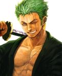  bad_id earrings green_hair grin jewelry lack male one_piece roronoa_zoro scar short_hair smile solo sword weapon 