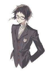  1boy akutagawa_ryuunosuke_(bungou_stray_dogs) alternate_costume amamiya_ren amamiya_ren_(cosplay) black-framed_eyewear black_jacket bungou_stray_dogs buttons closed_mouth commentary cosplay cropped_torso hand_in_pocket highres jacket looking_at_viewer male_focus persona persona_5 school_uniform shirt short_hair shuujin_academy_school_uniform sidelocks simple_background solo totomuraakat turtleneck turtleneck_shirt untranslatable_commentary white_background white_shirt 