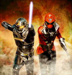  2boys aiming aiming_at_viewer armored_bodysuit assault_visor black_bodysuit black_visor bodysuit commentary_request company_connection energy_sword facial_mark forehead_mark gavan gloves glowing glowing_eyes gokai_gun gokai_red gokai_saber gold_trim gun helmet holding holding_gun holding_sword holding_weapon jacket kaizoku_sentai_gokaiger kaneko_taiki metal_hero multiple_boys open_clothes open_jacket orange_eyes red_helmet red_jacket silver_armor super_sentai sword tokusatsu uchuu_keiji_gavan weapon white_gloves 