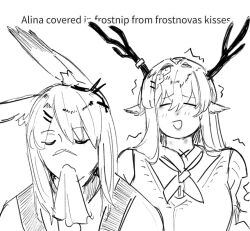  2girls :d after_yuri alina_(arknights) animal_ears antlers arknights blush closed_eyes cold deer_antlers deer_ears deer_girl dress frostnova_(arknights) greyscale handkerchief holding holding_handkerchief horns monochrome multiple_girls neckerchief open_mouth pom_dovu rabbit_ears rabbit_girl scar scar_on_face scar_on_nose simple_background sketch smile trembling u_u upper_body white_background wiping_mouth yuri 