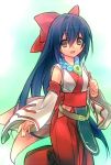  blue_hair bow brown_eyes character_request detached_sleeves emil_chronicle_online hair_bow japanese_clothes jewelry magatama miko necklace smile solo wanko_(pixiv) 