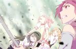  akemi_homura bare_shoulders beret black_hair blonde_hair blurry choker clenched_teeth corset covering covering_face covering_mouth depth_of_field detached_sleeves drill_hair gloves hairband hand_holding hat holding_hands kaname_madoka long_hair looking_up magical_girl mahou_shoujo_madoka_magica multiple_girls pink_hair polearm puffy_sleeves purple_eyes sakura_kyouko short_hair short_twintails sino_(rtlsino) tomoe_mami twin_drills twintails violet_eyes weapon white_gloves wince yellow_eyes 
