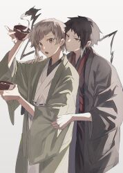  2boys akutagawa_ryuunosuke_(bungou_stray_dogs) black_hair brown_eyes bungou_stray_dogs closed_mouth highres japanese_clothes light_blush male_focus multicolored_hair multiple_boys nakajima_atsushi_(bungou_stray_dogs) open_mouth short_hair sidelocks simple_background single_sidelock totomuraakat two-tone_hair white_background 