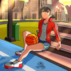  1girl absurdres artist_name ball bare_legs basketball_(object) bench black_hair brand_new_animal brown_eyes building city collarbone day dolphin_shorts dusk full_body highres jacket kagemori_michiru lamppost outdoors parrotillo red_jacket shirt shoes short_hair shorts signature sitting sleeveless sleeveless_shirt sneakers solo sunlight trigger_(company) 