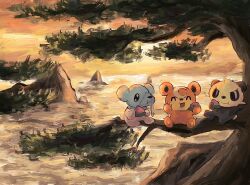  bear berry_(pokemon) black_eyes black_fur blue_fur brown_fur closed_eyes closed_mouth commentary_request cubchoo eating highres in_tree mountain no_humans open_mouth pancham panda panha pecha_berry pokemon pokemon_(creature) pokemon_focus sitting sitting_in_tree smile snot teddiursa tree white_fur yellow_fur 