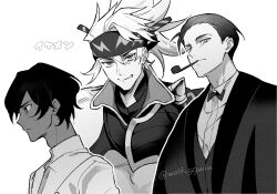  3boys arjuna_(fate) arjuna_(second_ascension)_(fate) bow bowtie coat commentary dark-skinned_male dark_skin fate/grand_order fate_(series) greyscale headband highres male_focus monochrome multiple_boys sakata_kintoki_(fate) sakata_kintoki_(heian_warrior_attire)_(fate) sherlock_holmes_(fate) shoulder_spikes smile smoking_pipe smoking_pipe_in_mouth spikes traditional_bowtie twitter_username wolf_ggwin 