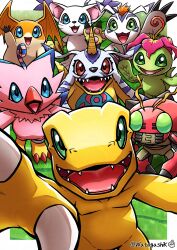  absurdres agumon animal_ears animal_hands animal_nose antennae arm_up bird blue_eyes body_fur border bug cat_ears claws colored_skin commentary_request digimon digimon_(creature) digimon_adventure digimon_day fangs gabumon gloves gomamon green_eyes happy head_wings highres horns looking_at_viewer no_humans open_mouth orange_hair outstretched_arm palmon patamon paw_gloves piyomon reaching reaching_towards_viewer red_eyes sharp_teeth signature single_horn smile tailmon talons teeth tentomon twitter_username watagashikn waving whiskers white_border wings yellow_gloves yellow_skin 