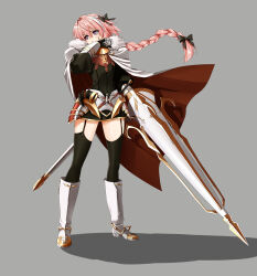  absurdres armored_skirt astolfo_(fate) baidel_anoy black_bow black_dress black_thighhighs blood blood_on_cheek boots bow braid braided_ponytail cape commentary_request crossdressing crossdressing_(mtf) dress fang fate/grand_order fate_(series) full_body fur-trimmed_cape fur_trim garter_straps gauntlets grey_background hair_bow hair_intakes highres injury juliet_sleeves long_hair long_sleeves multiple_hair_bows pink_hair puffy_sleeves red_cape scabbard shadow sheath short_dress simple_background single_hair_streak skin_fang thigh-highs trap trap_of_argalia two-tone_cape violet_eyes white_boots white_cape white_hair wiping_blood zettai_ryouiki 