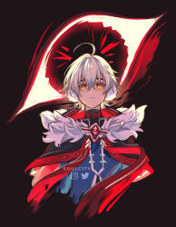  1boy ahoge alyosha_(genshin_impact) artist_name black_background black_cape black_sweater blue_jacket cape closed_mouth commentary english_commentary freckles frown fur-trimmed_cape fur_trim genshin_impact grey_hair hair_between_eyes highres hood hood_down hooded_cape instagram_logo jacket long_sleeves looking_at_viewer male_focus multicolored_hair red_ribbon ribbon ronova_(genshin_impact) short_hair simple_background solo soulc1ty spoilers sweater symbol-shaped_pupils turtleneck turtleneck_sweater twitter_logo upper_body white_hair yellow_eyes 