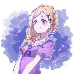  blonde_hair bow braid breasts commentary_request crown_braid green_eyes hair_bow hair_ornament hair_over_shoulder love_live! love_live!_school_idol_festival_all_stars love_live!_sunshine!! official_alternate_costume official_alternate_hairstyle ohara_mari profile small_breasts smile star_(symbol) twitter_username upper_body wolf_ggwin x_hair_ornament 