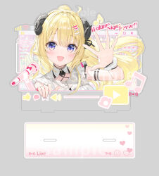  1girl acrylic_stand_(medium) ahoge animal_ears blonde_hair commentary_request curled_horns fuumi_(radial_engine) grey_background hair_ornament hairclip hand_up hololive horns long_hair looking_at_viewer official_artist_extra open_mouth sample_watermark sheep_ears sheep_girl sheep_horns simple_background smile solo tsunomaki_watame upper_body violet_eyes virtual_youtuber watermark 