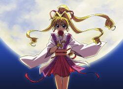  1girl backlighting bad_id bad_twitter_id blonde_hair closed_mouth cowboy_shot curled_ends earrings flower full_moon gloves gold_bracer hair_intakes hair_ribbon hakama hakama_short_skirt hakama_skirt hand_on_own_hip hand_up head_chain high_ponytail holding holding_flower huge_moon japanese_clothes jewelry kaitou_jeanne kamikaze_kaitou_jeanne kimono kusakabe_maron long_hair looking_at_viewer magical_girl moon motoyui night obi orange_sash outdoors ponytail red_flower red_hakama red_ribbon red_rose ribbon rose sash skirt smile solo standing tassel violet_eyes white_gloves white_kimono wide_sleeves yoko.u 