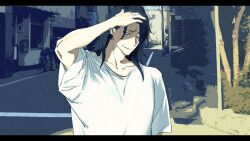  1boy aihter9 bags_under_eyes black_border black_hair border closed_mouth day geto_suguru highres jujutsu_kaisen letterboxed long_hair male_focus outdoors plug_(piercing) shading_eyes shirt smile t-shirt upper_body white_shirt 