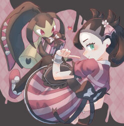  1girl 73sitimi apron black_apron black_bow black_hair blush bow colored_skin commentary_request dress extra_mouth green_eyes heart highres living_hair looking_at_viewer marnie_(palentine's_2022)_(pokemon) marnie_(pokemon) mawile official_alternate_costume pink_dress pokemon pokemon_(creature) pokemon_masters_ex red_eyes sharp_teeth short_sleeves teeth twintails white_wrist_cuffs wrist_cuffs yellow_skin 
