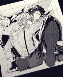  2boys akutagawa_ryuunosuke_(bungou_stray_dogs) anger_vein box bungou_stray_dogs coat commentary_request dress_shirt greyscale highres in_box in_container looking_at_viewer looking_back male_focus monochrome multiple_boys nakajima_atsushi_(bungou_stray_dogs) shirt shirt_tucked_in shoe_soles short_hair sidelocks stuck suit_pants suspenders totomuraakat 