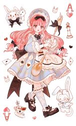  1girl absurdres ace_(playing_card) ace_of_diamonds ace_of_hearts ahoge alice's_adventures_in_wonderland alice's_teaspoon_(shining_nikki) alice_(alice_in_wonderland) alice_(alice_in_wonderland)_(cosplay) animal_ear_hood animal_ears apron argyle_clothes argyle_socks back_bow bespectacled black_bow black_ribbon black_shoes blue_bonnet blue_bow blue_bowtie blue_dress blue_socks blue_vest blunt_bangs bonnet bow bowtie brooch brown_eyes buttons card card_(medium) chess_piece chinese_commentary classic_lolita cloak club_(shape) collared_dress commentary_request contrast_collar cosplay cup diamond_(shape) dot_nose dress fake_animal_ears footwear_ribbon frilled_apron frilled_headwear frilled_socks frills full_body glasses hair_bow hair_through_headwear hand_on_own_chest happy heart highres holding holding_spoon hood hooded_cloak jewelry jingyanyan kneehighs lace-trimmed_headwear lace_trim large_bow light_blush lolita_fashion long_hair long_sidelocks long_sleeves low-tied_long_hair mary_janes medium_dress momo_(nikki) momo_(white_bunny_mystery)_(shining_nikki) monocle multicolored_buttons multiple_hair_bows neck_ribbon nikki_(nikki) nikki_(series) official_alternate_costume one_ear_down open_mouth oversized_object pink_hair playing_card playing_card_print pleated_dress pocket print_apron print_dress puffy_long_sleeves puffy_sleeves rabbit_ears ribbon ribbon-trimmed_socks ribbon_trim round_eyewear sample_watermark saucer shining_nikki shoes sidelocks simple_background sleeve_cuffs sleeves_past_wrists smile socks solo spoon standing stuffed_animal stuffed_rabbit stuffed_toy tareme tea teacup teaspoon teeth traditional_bowtie two-tone_socks upper_teeth_only very_long_hair vest watermark wavy_hair white_apron white_background white_cloak white_socks yellow-framed_eyewear 