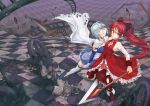  armband artist_request bare_shoulders blue_hair boots broken_ground cape closed_eyes detached_sleeves dress gloves hair_bow highres hoshinokaoru long_hair magical_girl mahou_shoujo_madoka_magica miki_sayaka multiple_girls polearm ponytail red_eyes red_hair redhead sakura_kyouko school_uniform short_hair source_request spear thigh-highs thighhighs torn_clothes weapon 