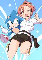  1boy 1girl :d black_skirt blue_background collared_shirt commentary_request crossover full_body furry furry_male green_eyes headset highres hoshizora_rin love_live! love_live!_school_idol_project open_mouth orange_eyes orange_hair sega sega_staff_image_girl sen_(sen0910) shirt shoes short_hair side-by-side skirt smile sonic_(series) sonic_the_hedgehog star_(symbol) white_shirt yellow_shoes 