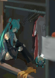  1girl aqua_eyes aqua_hair aqua_necktie black_thighhighs brown_shoes character_doll clothes_hanger collared_shirt commentary detached_sleeves doll elatri fuwapuchi grey_shirt hair_ornament hands_on_own_knees hatsune_miku headphones highres indoors loafers long_hair looking_down necktie no_mouth sad shirt shoes shoulder_tattoo sitting sleeveless sleeveless_shirt solo stuffed_toy tattoo thigh-highs twintails unworn_shirt vocaloid wardrobe 